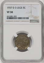1937-D 5C Three-Legged Buffalo Nickel NGC VF30