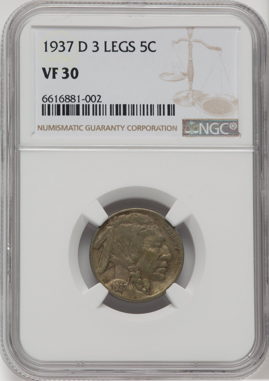 1937-D 5C Three-Legged Buffalo Nickel NGC VF30