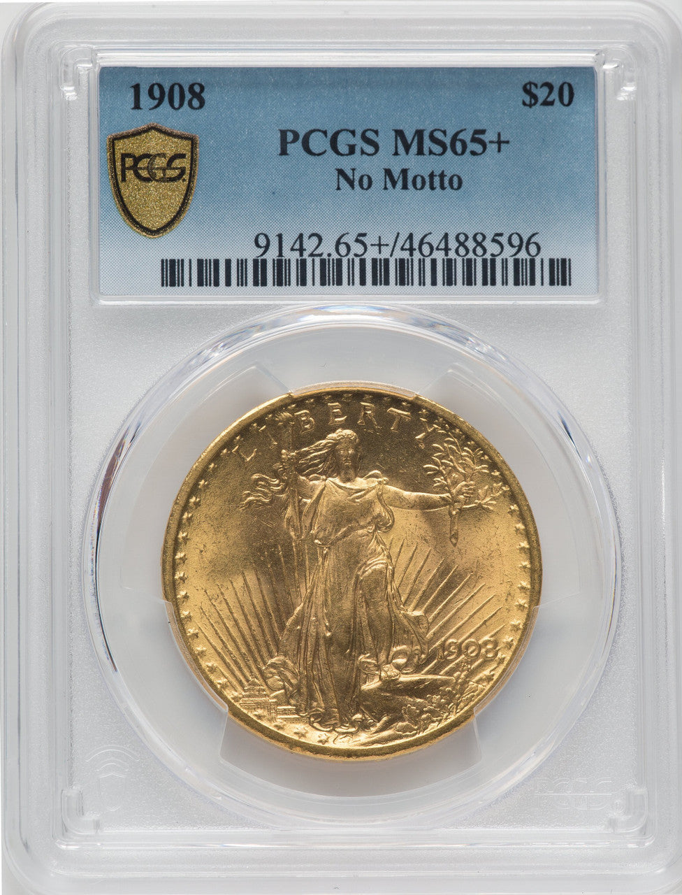 1908 $20 NO MOTTO Saint-Gaudens Double Eagle PCGS MS65+