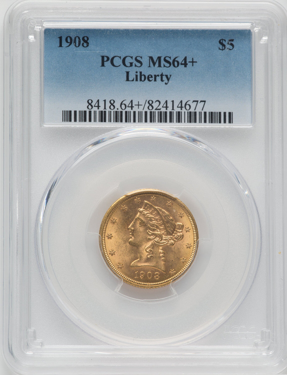 1908 $5 Liberty Liberty Half Eagle PCGS MS64+
