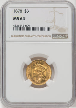 1878 $3 Three Dollar Gold Pieces NGC MS64