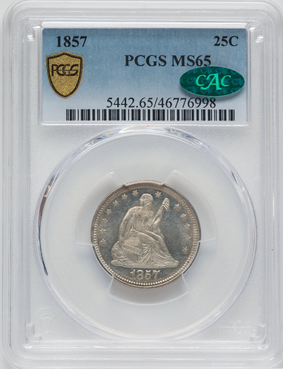 1857 25C CAC Seated Quarter PCGS MS65