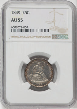 1839 25C NO DRAPERY Seated Quarter NGC AU55