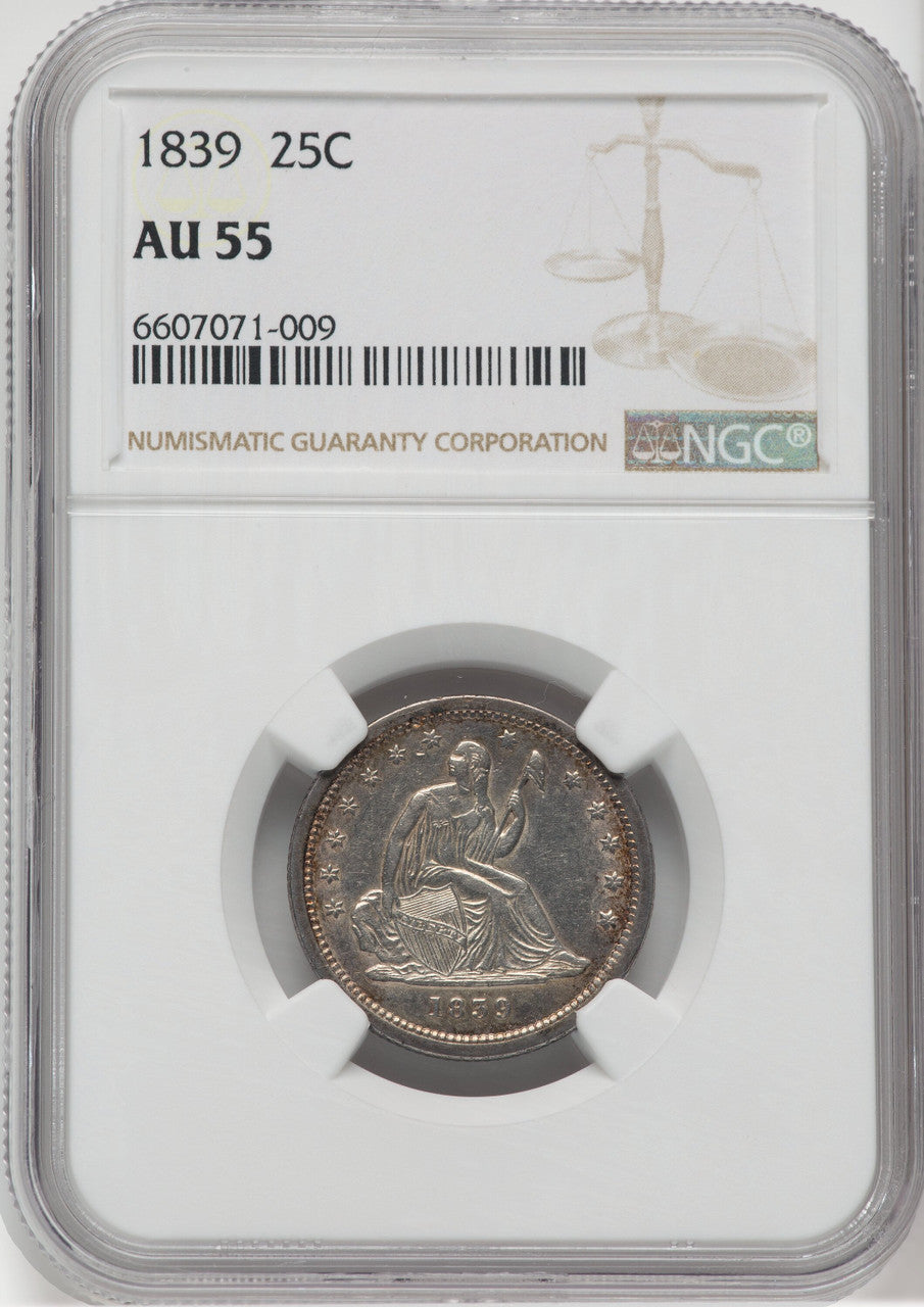 1839 25C NO DRAPERY Seated Quarter NGC AU55