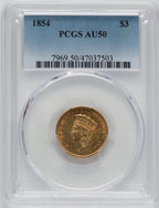 1854 $3 Three Dollar Gold Pieces PCGS AU50