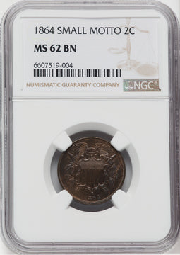1864 Small Motto BN Two Cent Pieces NGC MS62
