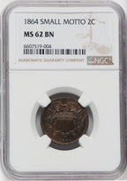 1864 Small Motto BN Two Cent Pieces NGC MS62