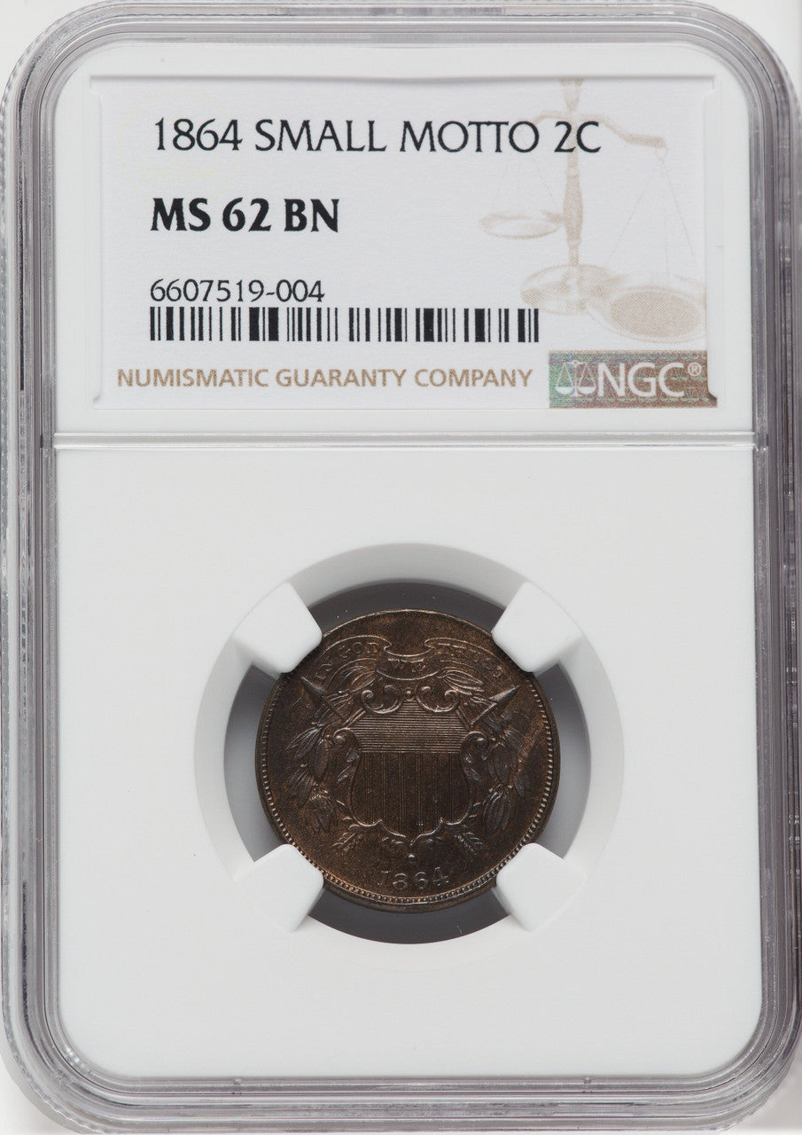 1864 Small Motto BN Two Cent Pieces NGC MS62