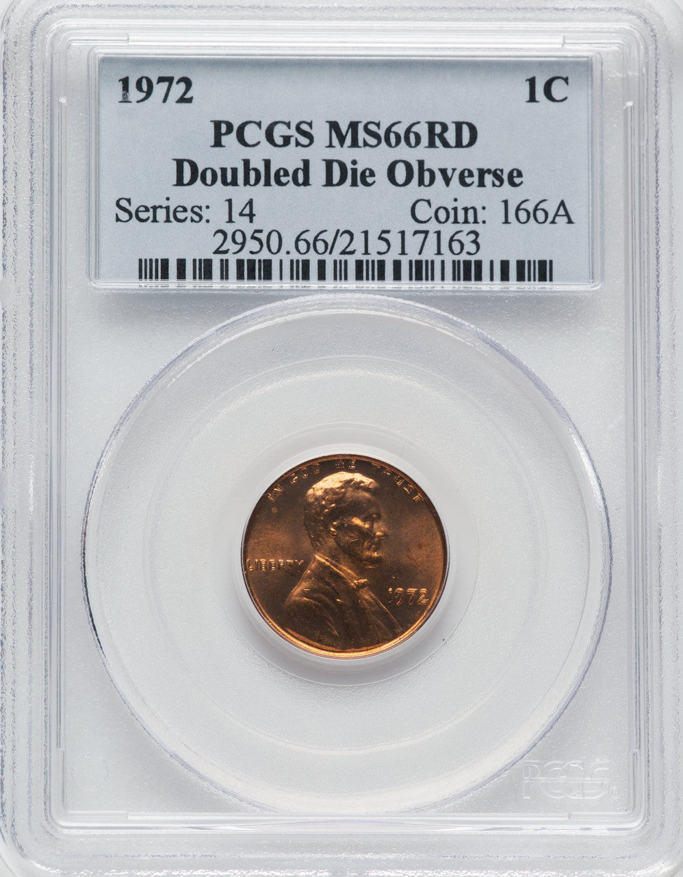1972 1C Doubled Die Obverse RD Lincoln Cent PCGS MS66