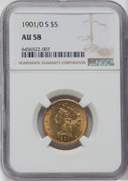 1901/0-S $5 FS-301 Liberty Half Eagle NGC AU58