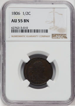 1806 1/2 C Small 6 No Stems BN Half Cent NGC AU55