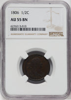 1806 1/2 C Small 6 No Stems BN Half Cent NGC AU55