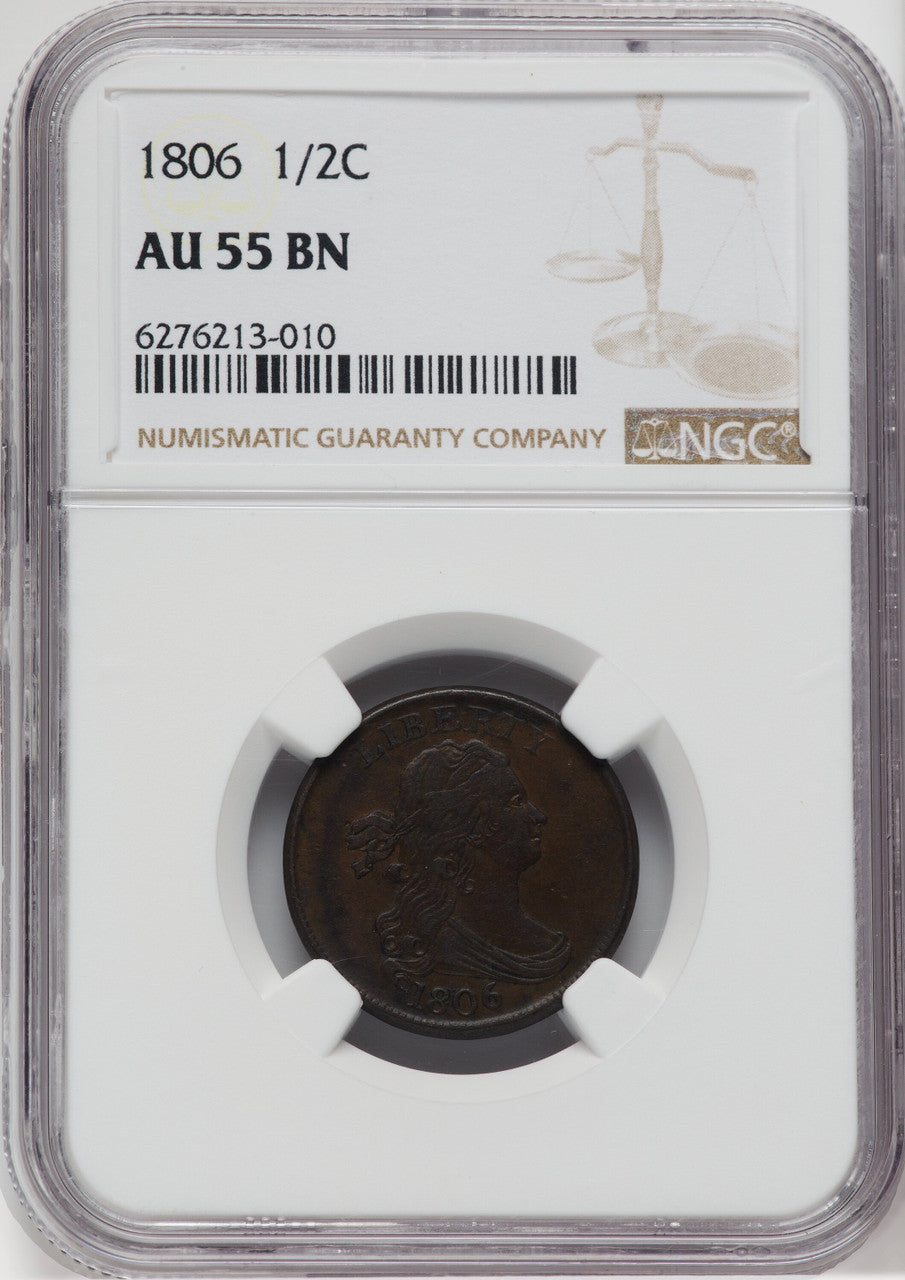 1806 1/2 C Small 6 No Stems BN Half Cent NGC AU55