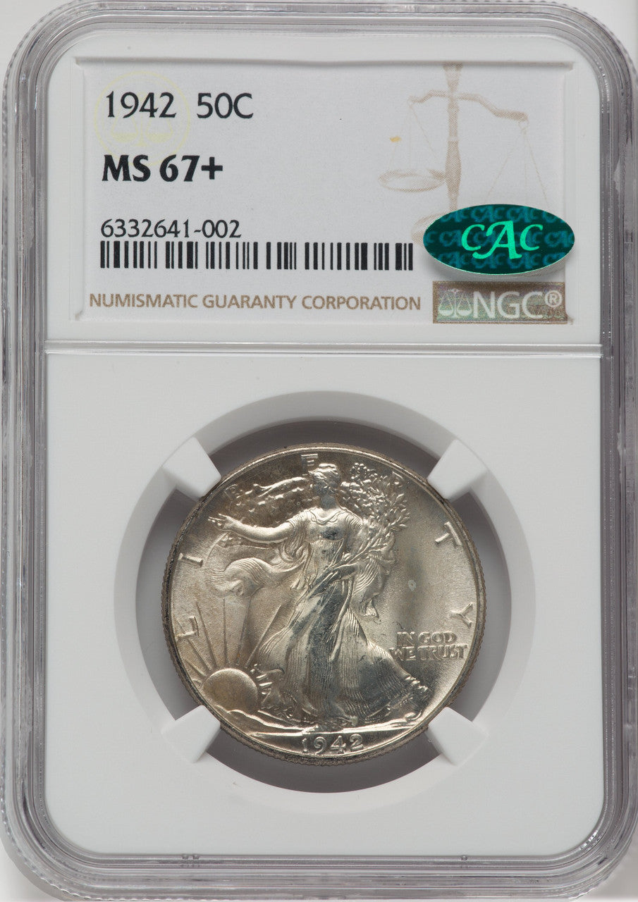 1942 50C CAC NGC Plus Walking Liberty Half Dollar NGC MS67+