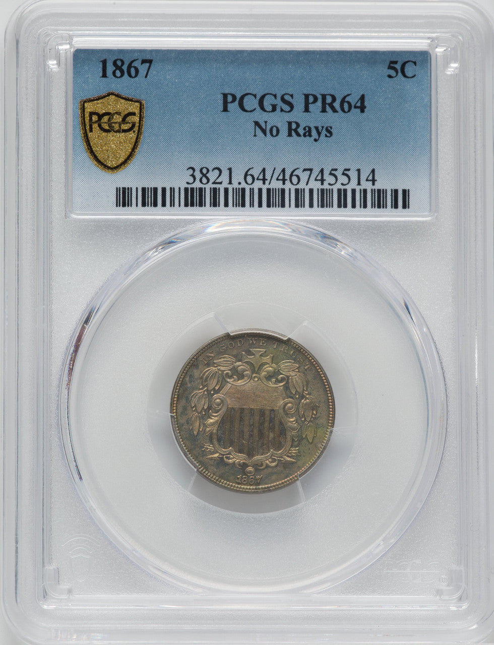 1867 5C NO RAYS Proof Shield Nickel PCGS PR64