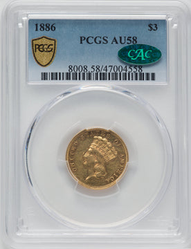 1886 $3 CAC Three Dollar Gold Pieces PCGS AU58
