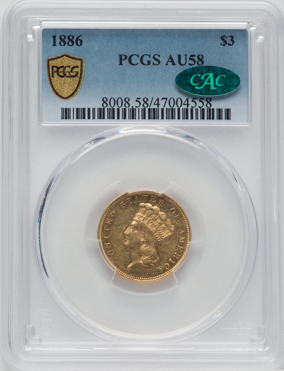 1886 $3 CAC Three Dollar Gold Pieces PCGS AU58