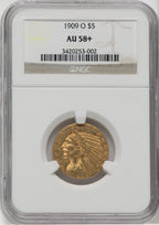 1909-O $5 NGC Plus Indian Half Eagle NGC AU58+
