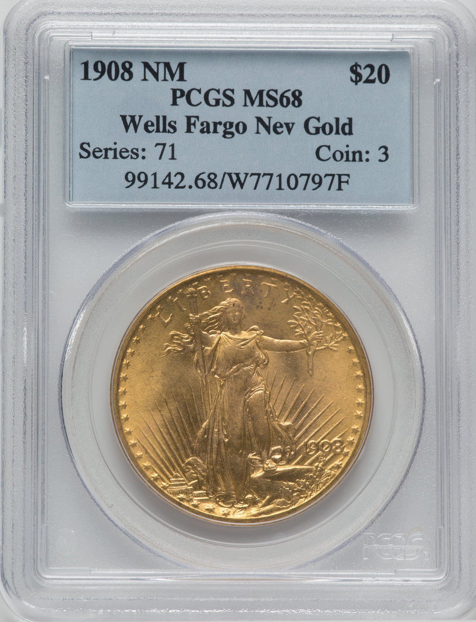 1908 NM $20 Wells Fargo Saint-Gaudens Double Eagle PCGS MS68