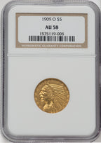 1909-O $5 Indian Half Eagle NGC AU58