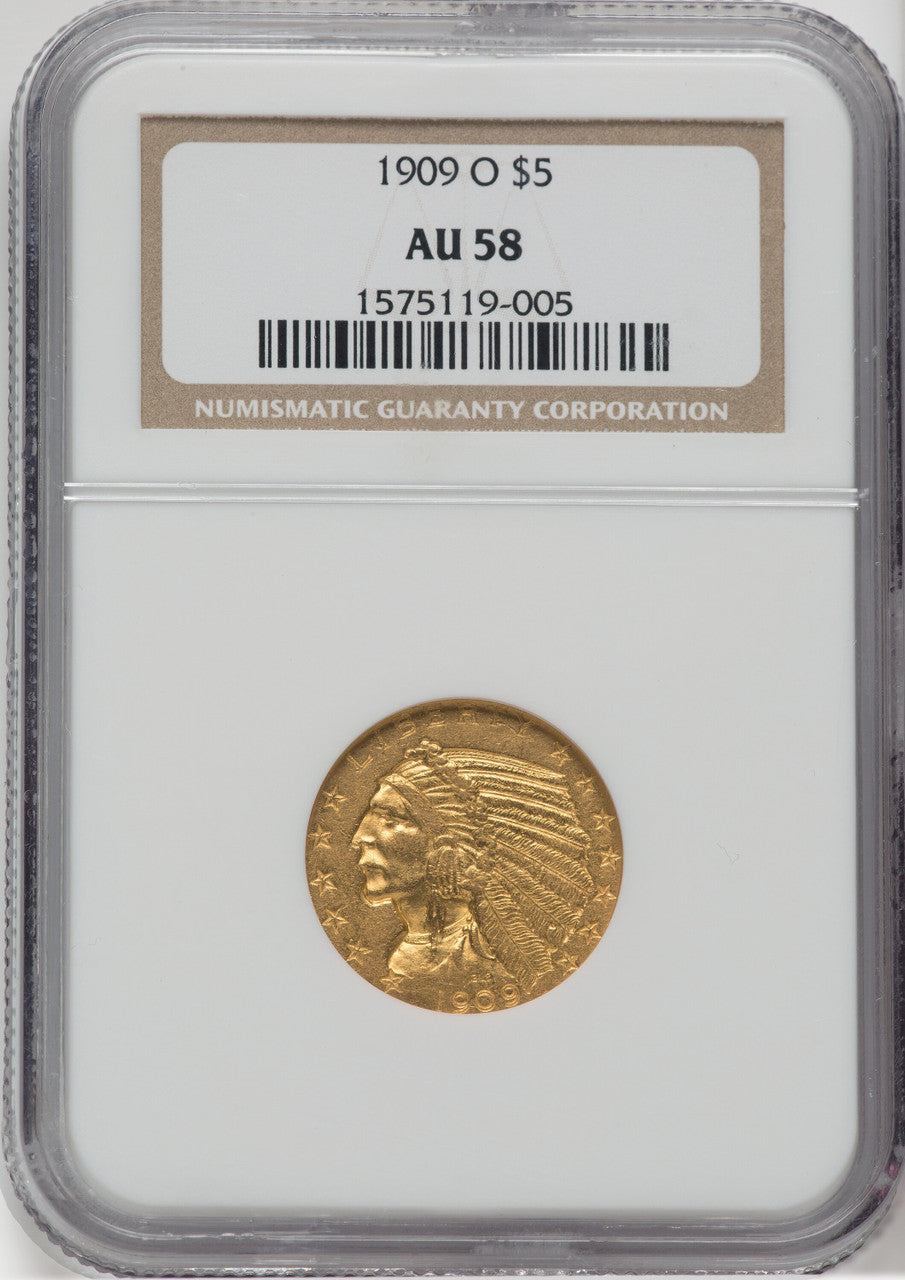 1909-O $5 Indian Half Eagle NGC AU58