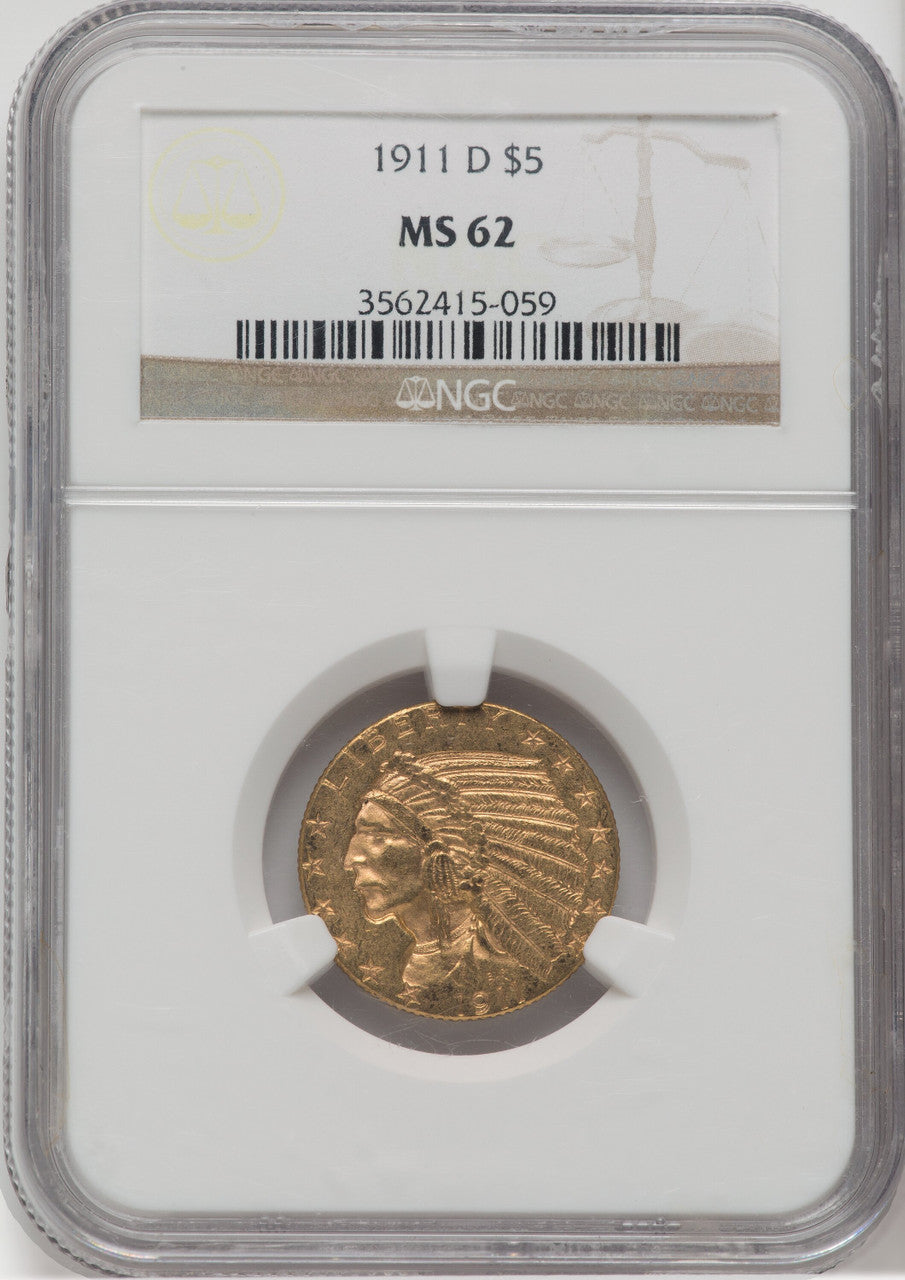 1911-D $5 Indian Half Eagle NGC MS62