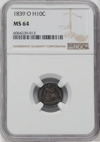 1839-O H10C NO DRAPERY Seated Half Dime NGC MS64