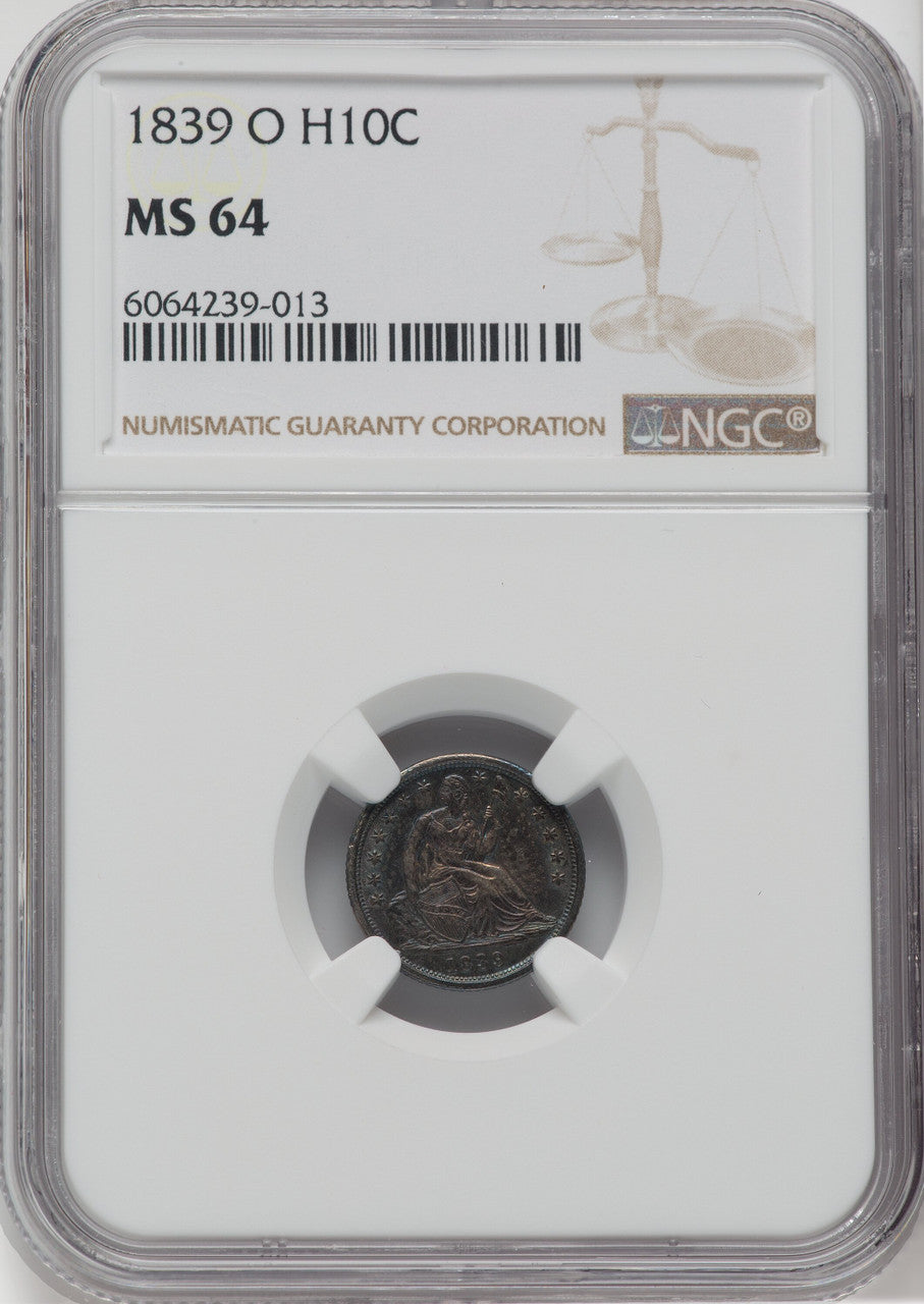 1839-O H10C NO DRAPERY Seated Half Dime NGC MS64