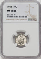 1934 10C FB Mercury Dime NGC MS68