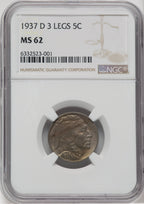 1937-D 5C Three-Legged Buffalo Nickel NGC MS62