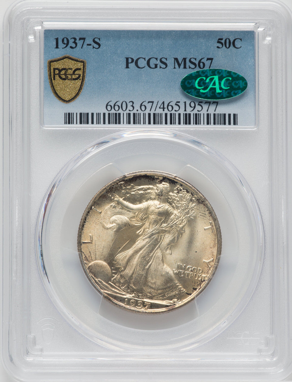 1937-S 50C CAC Walking Liberty Half Dollar PCGS MS67