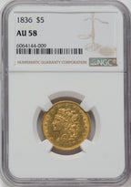 1836 $5 Classic Half Eagle NGC AU58