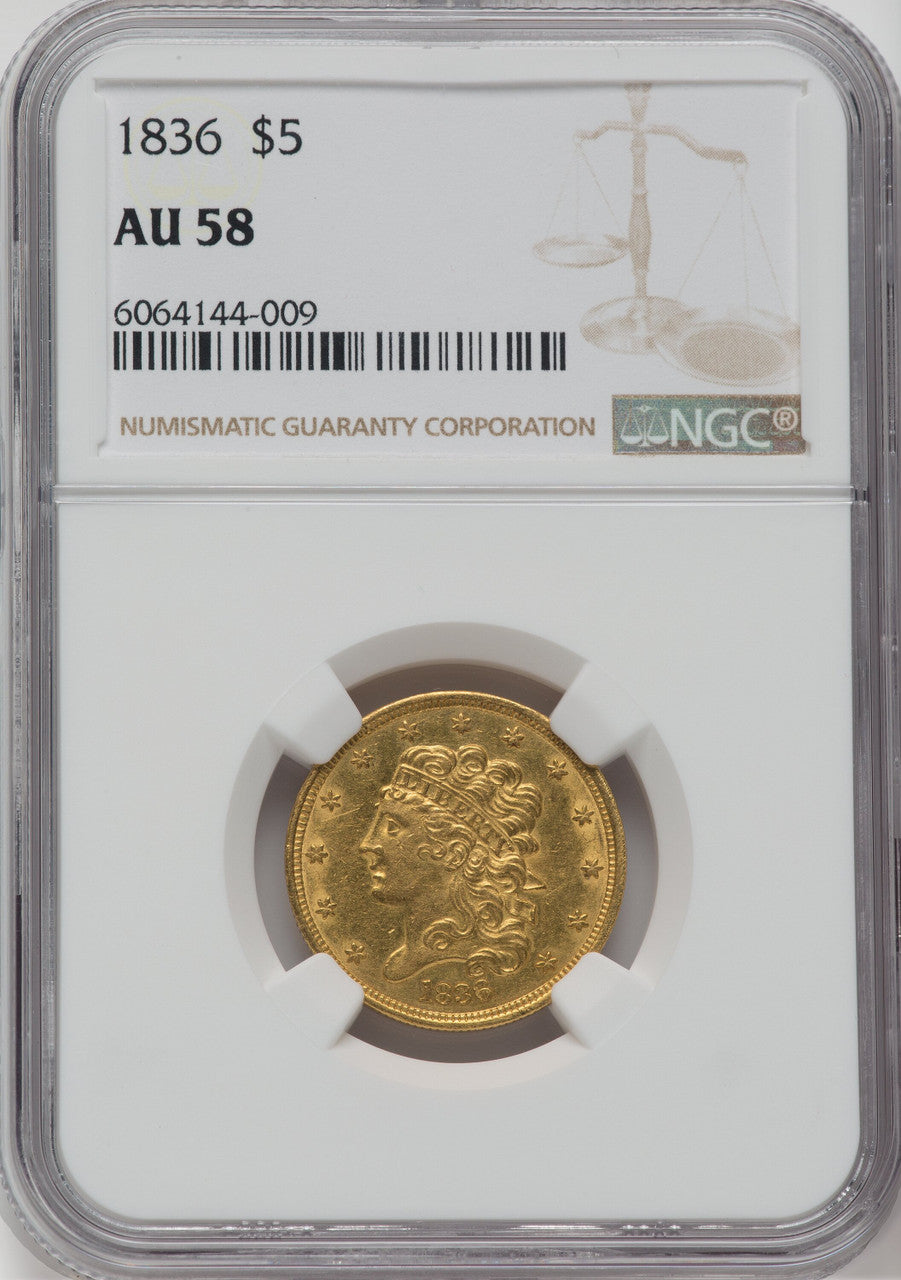 1836 $5 Classic Half Eagle NGC AU58