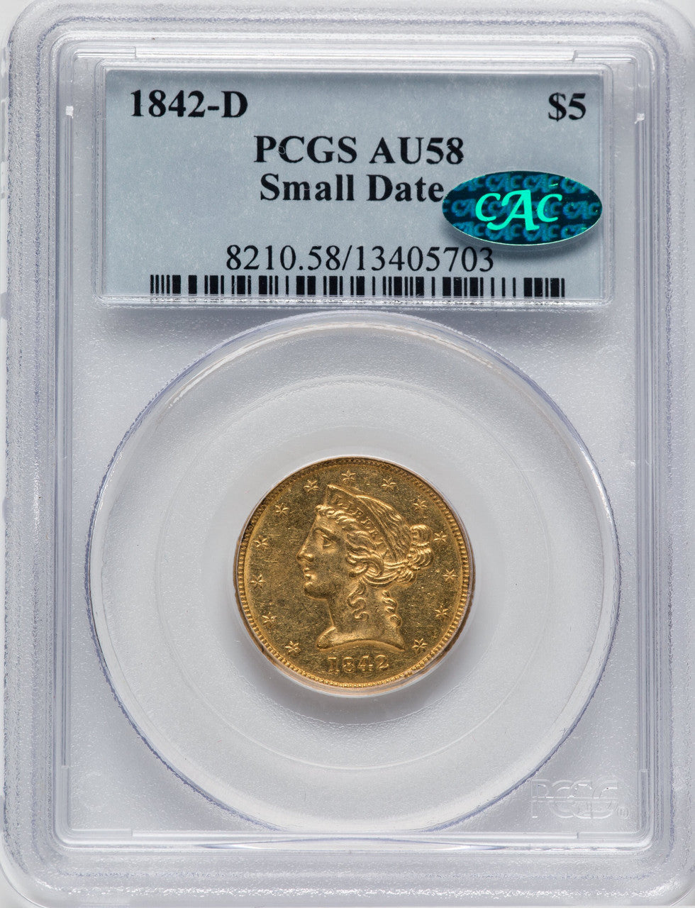 1842-D $5 Small Date CAC Liberty Half Eagle PCGS AU58