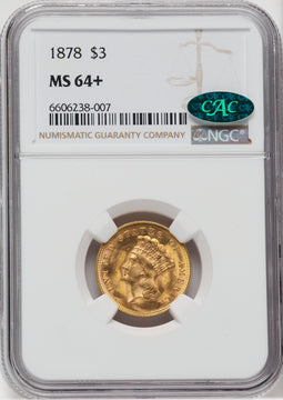 1878 $3 CAC NGC Plus Three Dollar Gold Pieces NGC MS64+