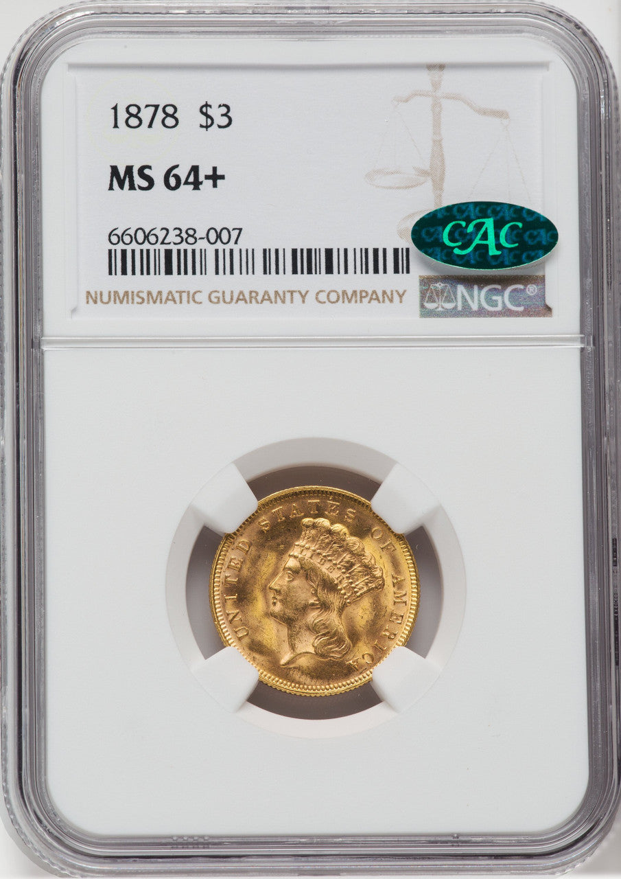 1878 $3 CAC NGC Plus Three Dollar Gold Pieces NGC MS64+