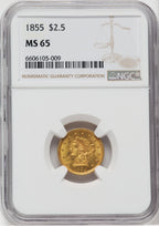 1855 $2.50 Liberty Quarter Eagle NGC MS65