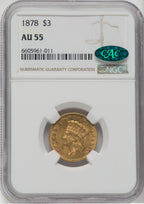 1878 $3 CAC Three Dollar Gold Pieces NGC AU55