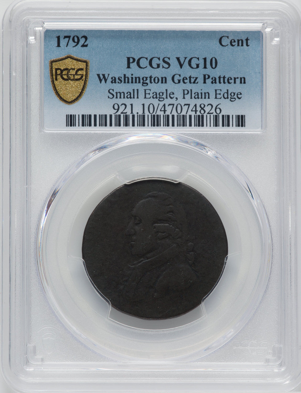1792 Washington Getz Pattern Cent Small Eagle Copper BN Colonials PCGS VG10