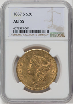 1857-S $20 Liberty Double Eagle NGC AU55