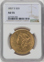 1857-S $20 Liberty Double Eagle NGC AU55