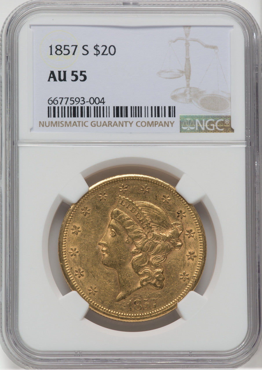 1857-S $20 Liberty Double Eagle NGC AU55