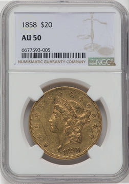 1858 $20 Liberty Double Eagle NGC AU50