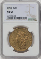 1858 $20 Liberty Double Eagle NGC AU50