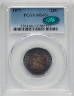 1877 25C CAC Seated Quarter PCGS MS66+