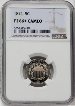 1874 5C CA NGC Plus Proof Shield Nickel NGC PR66+