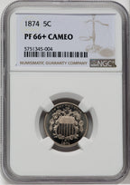 1874 5C CA NGC Plus Proof Shield Nickel NGC PR66+