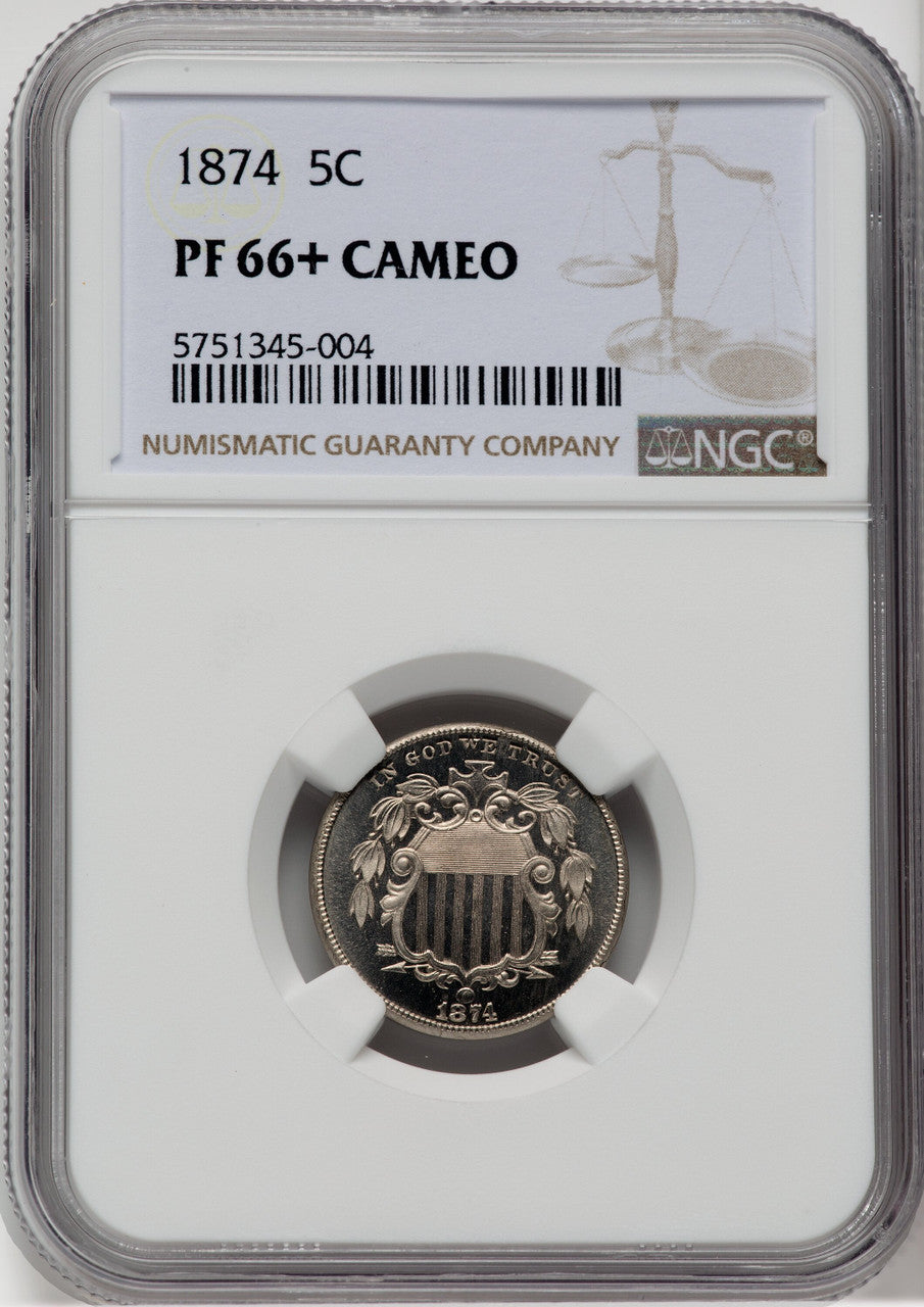 1874 5C CA NGC Plus Proof Shield Nickel NGC PR66+