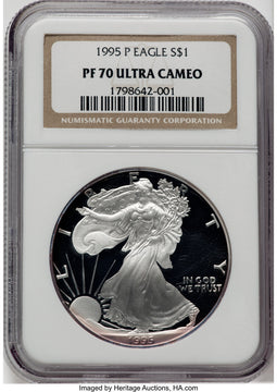 1995-P S$1 Silver Eagle Brown Label NGC PF70
