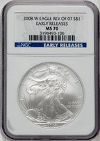 2008-W S$1 Silver Eagle Reverse of 2007 Burnished First Strike NGC MS70